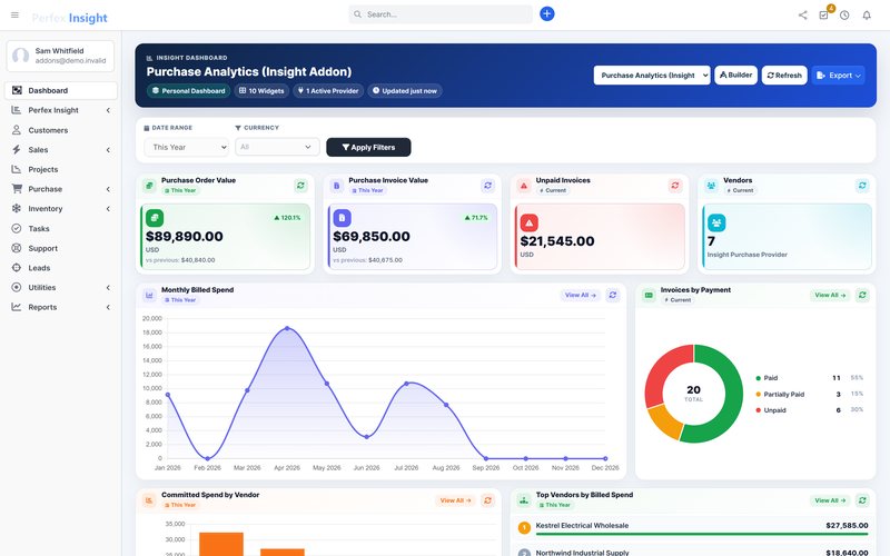 Perfex Insight Purchase dashboard in Perfex CRM: Purchase orders, vendor spend, invoices, payments and contracts.